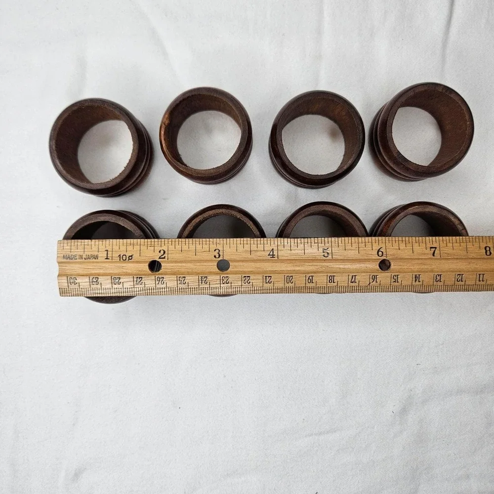 Vtg Knobler Wood Napkin Rings Set of‎ 8 Ribbed Brown MCM Table Decor Taiwan Boho